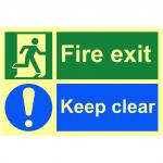Fire Exit/Keep Clear Sign (300 x 200mm). Made from 1.3mm rigid photoluminescent board (PHO) and is self adhesive.