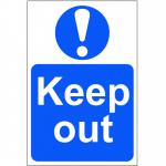 This photo shows a bright yellow industrial safety sign from Spectrum that reads Keep Out in bold black letters. Made from 1.2mm recyclable PP, it measures 200 x 300mm. The sign is clearly visible and serves as a warning for potential hazards or restricted areas.
