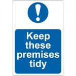 The photo features a vibrant, eye-catching industrial safety sign from Spectrum. The sign encourages cleanliness and tidiness in the workplace and is made from durable 1.2mm recyclable PP material. With dimensions of 200 x 300mm, this sign is both impactful and practical.