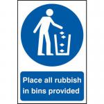 &lsquo;Place All Rubbish In Bins Provided&rsquo; Sign; Self-Adhesive Semi-Rigid PVC (200mm x 300mm)