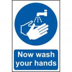 Self adhesive semi-rigid PVC Now Wash Your Hands Sign (200 x 300mm). Easy to fix; peel off the backing and apply to a clean and dry surface.