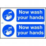 This picture shows Spectrum Industrial Covid-19 and social distancing signs made of 1.2mm recyclable PP material. The sign reads Now Wash Your Hands and measures 300 x 200mm. The background is white with bold, black lettering and simple graphics. This sign is designed to promote hygiene and encourage safe social distancing practices in industrial settings.