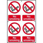 The photograph features two No Smoking signs from Spectrum Industrial made of 1.2mm recyclable PP material. The signs measure 200 x 300mm and feature bold text in white and red on a black background. The signs serve as a clear reminder to refrain from smoking in the area.