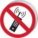 The photo features a pack of 10 self-adhesive vinyl prohibited signs from Spectrum Industrial. Each sign shows a No Mobile Phones symbol and measures 50mm in diameter. The signs are ideal for workplace use to enforce mobile phone restrictions.