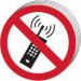 The photograph of Spectrum Industrial Prohibited Signs No mobile phones symbol - SAV (100mm dia.) (Pack of 10) 0584 captures a bold and clear red and black symbol with a crossed out mobile phone and the word Prohibited underneath. The symbol is encircled by a white border and measures 100mm in diameter. This pack includes 10 signs.
