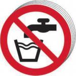 The picture features 10 round industrial prohibited signs with a diameter of 50mm. Each sign displays the not drinking water symbol and is designed by Spectrum. They are packaged and labeled as SAV.