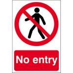 This photo features a Spectrum Industrial prohibited sign with bold black letters on a white background. The sign reads No entry and is made of 1.2mm recyclable PP material. The sign measures 200 x 300mm and has the code 0600 printed on it.