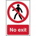 This photograph captures a series of Spectrum Industrial Prohibited Signs, made of 1.2mm recyclable PP material, with the words No exit displayed prominently. The signs measure 200 x 300mm and feature a bold red and white color scheme. These signs serve as a clear and concise warning for restricted areas.