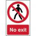 This photograph captures a series of Spectrum Industrial Prohibited Signs, made of 1.2mm recyclable PP material, with the words No exit displayed prominently. The signs measure 200 x 300mm and feature a bold red and white color scheme. These signs serve as a clear and concise warning for restricted areas.