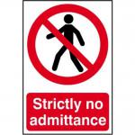 This photograph captures a series of Spectrum Industrial Prohibited Signs, measuring 1.2mm thick and made from recyclable PP material. The signs feature a bold Strictly No Admittance message and are sized at 200 x 300mm. The background showcases a clean industrial space, highlighting the versatility and durability of these signs.