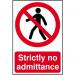 This photograph captures a series of Spectrum Industrial Prohibited Signs, measuring 1.2mm thick and made from recyclable PP material. The signs feature a bold Strictly No Admittance message and are sized at 200 x 300mm. The background showcases a clean industrial space, highlighting the versatility and durability of these signs.