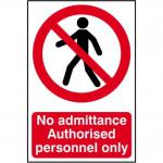 In the image, there are three industrial prohibited signs displayed in bold red and white colors. The first sign reads No Admittance with a crossed out person symbol, followed by Authorised Personnel Only and a 1.2mm Recyclable PP label. The signs are measured at 200 x 300mm and have the date 0613 printed.