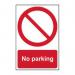 This picture shows a Spectrum Industrial Road and Traffic Sign that reads No Parking and is made of 1.2mm recyclable PP material. The sign measures 200 x 300mm and features bold, easy-to-read lettering. Perfect for clearly communicating parking restrictions in a sustainable way.