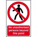 The image shows a sign with bold red and white colors. The sign reads Prohibited Signs: No unauthorised persons beyond this point in large, clear text. It is made from 1.2mm recyclable PP material and measures 200 x 300mm. The sign is from Spectrum Industrial and has the number 0622 in the corner.