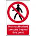 The image shows a sign with bold red and white colors. The sign reads Prohibited Signs: No unauthorised persons beyond this point in large, clear text. It is made from 1.2mm recyclable PP material and measures 200 x 300mm. The sign is from Spectrum Industrial and has the number 0622 in the corner.