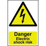 The picture shows Spectrum Industrial Danger Signs with a warning for electric shock risk. Made of 1.2mm recyclable PP, the sign measures 200 x 300mm.