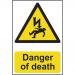 The picture shows a Spectrum Industrial Danger Sign with bold black lettering on a bright yellow background. The warning states Danger of Death and the sign is made of 1.2mm recyclable PP material. It measures 200 x 300mm, making it easily visible, and the code 0753 is included in the bottom right corner.