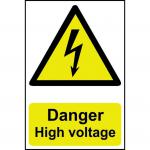 The image shows Spectrum Industrial Danger Signs with the words Danger High Voltage printed in bold lettering. The sign is made of 1.2mm recyclable PP material and measures 200 x 300mm. The color scheme is yellow and black, with a clear warning symbol in the center. This sign is designed to alert individuals of potential danger in the area.