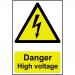 The image shows Spectrum Industrial Danger Signs with the words Danger High Voltage printed in bold lettering. The sign is made of 1.2mm recyclable PP material and measures 200 x 300mm. The color scheme is yellow and black, with a clear warning symbol in the center. This sign is designed to alert individuals of potential danger in the area.