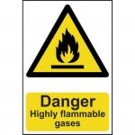 The picture shows a set of Spectrum Industrial Danger Signs with bold lettering and clear visuals indicating the dangerous presence of highly flammable gases. These signs are made of recyclable PP material and measure 200 x 300mm for easy visibility.