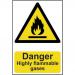 The picture shows a set of Spectrum Industrial Danger Signs with bold lettering and clear visuals indicating the dangerous presence of highly flammable gases. These signs are made of recyclable PP material and measure 200 x 300mm for easy visibility.