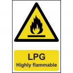 The photo shows a red rectangular sign with bold white text stating LPG Highly Flammable on a yellow background. The material is made of 1.2mm recyclable PP and measures 200 x 300mm. The sign is part of the Spectrum Industrial Danger Signs collection.