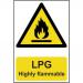 The photo shows a red rectangular sign with bold white text stating LPG Highly Flammable on a yellow background. The material is made of 1.2mm recyclable PP and measures 200 x 300mm. The sign is part of the Spectrum Industrial Danger Signs collection.