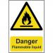 A rectangular sign with bold, black and red lettering against a white background. The center features the words Danger Flammable liquid, while the top and bottom have the words Spectrum Industrial and Recyclable PP respectively. The sign is 1.2mm thick and measures 200 x 300mm.