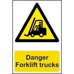 This image shows a set of industrial danger signs featuring bright yellow backgrounds and bold black print. The signs read Danger Forklift Trucks and are made of 1.2mm recyclable PP material. Each sign measures 200 x 300mm and features the numerical code 0954 in the bottom right corner.