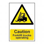 A yellow industrial sign with bold black text and a universal forklift symbol on a white background. The sign reads Caution: Forklift Trucks Operating and is made out of 1.2 mm recyclable PP material, measuring 200 x 300mm.