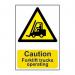 A yellow industrial sign with bold black text and a universal forklift symbol on a white background. The sign reads Caution: Forklift Trucks Operating and is made out of 1.2 mm recyclable PP material, measuring 200 x 300mm.