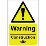 The picture shows a group of Spectrum Industrial warning signs, designed for construction sites. These signs are made from 1.2mm recyclable polypropylene and measure 200 x 300mm. Each sign is labeled with the phrase Warning: Construction Site to alert individuals of potential hazards. The bright colors and clear font make these signs easily visible and attention-grabbing. Each sign features the Spectrum Industrial logo and a unique identification number for tracking purposes.