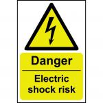 The photo showcases a bright yellow and black rectangular sign with bold lettering that reads Danger: Electric Shock Risk. The sign is made of self-adhesive vinyl and measures 200mm by 300mm. It features the recognizable triangular symbol with a lightning bolt inside, signaling a potential hazard. The sign is part of Spectrum Industrials collection of danger signs, designed to warn and inform individuals of potential dangers in industrial settings.