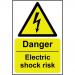 The photograph depicts a series of Spectrum Industrial Danger Signs with bold red lettering on a white background. Each sign features different warnings for potential electric shock hazards, with a thickness of 1.2mm and made from recyclable polypropylene material. The signs measure 200 x 300mm in size and are identified as item 11014.