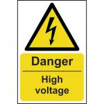 The picture shows a bright yellow danger sign with bold black lettering that reads Danger High Voltage on a self-adhesive vinyl material. The sign also features the universal hazard symbol for electrical danger and measures 200mm x 300mm.