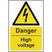 In the image, there are several industrial danger signs with bold black letters on a bright yellow background. The signs read Danger High Voltage 1.2mm and are made of recyclable PP material. They measure 200 x 300mm and are part of the Spectrum industrial sign collection.