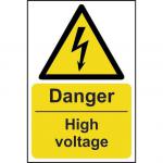 Danger High Voltage sign (200 x 300mm). Manufactured from strong rigid PVC and is non-adhesive; 0.8mm thick.