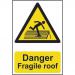 The photograph captures a Spectrum Industrial danger sign featuring bold text, warning of danger and a fragile roof. Made of 1.2mm recyclable PP and measuring 200 x 300mm, this sign is essential for safety in any industrial setting.