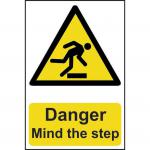 In the photo, there is a Spectrum Industrial danger sign that reads Danger Mind the step in bold red letters. The sign is made of 1.2mm recyclable PP material and measures 200 x 300mm. It features a simple but effective design with black and yellow colors, making it easily noticeable. The sign is placed on a flat surface, possibly a floor, with a warning symbol and text indicating potential danger or hazard. Overall, it is a clear and visible sign that effectively alerts individuals to beware of potential danger and take caution.