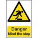 Self adhesive semi-rigid PVC Danger Mind The Step sign (200 x 300mm). Easy to fix; peel off the backing and apply to a clean and dry surface. 1105