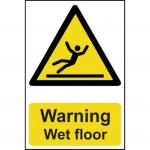 This photo features a bright yellow wet floor warning sign from Spectrum Industrial. Made from 1.2mm recyclable PP, this sign measures 200 x 300mm and displays the words Warning Wet Floor in bold, black lettering. Perfect for alerting visitors and employees of potential hazards in the workplace.
