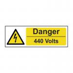 This photo features a bright yellow industrial danger sign with bold black text reading Danger 440 volts on a 1.2mm thick recyclable PP material. The sign measures 600 x 200mm and is perfect for warning people of potential hazards in the workplace.