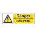 This photo features a bright yellow industrial danger sign with bold black text reading Danger 440 volts on a 1.2mm thick recyclable PP material. The sign measures 600 x 200mm and is perfect for warning people of potential hazards in the workplace.