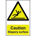 Self adhesive semi-rigid PVC Caution Slippery Surface Sign (200 x 300mm). Easy to fix; peel off the backing and apply to a clean and dry surface.