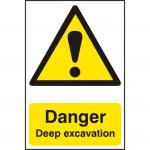 In the picture, there are two caution signs with bold red and black colors. The first sign reads Spectrum Industrial Danger Signs and the second sign reads Danger Deep excavation - 1.2mm. Both signs are made of recyclable PP and measure 200 x 300mm. The background of the picture appears to be a construction site.