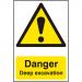 In the picture, there are two caution signs with bold red and black colors. The first sign reads Spectrum Industrial Danger Signs and the second sign reads Danger Deep excavation - 1.2mm. Both signs are made of recyclable PP and measure 200 x 300mm. The background of the picture appears to be a construction site.