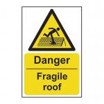 The photo features Spectrum Industrials danger signs with bold text, warning of a fragile roof. Made of 1.2mm recyclable PP material, these signs measure 200 x 300mm and are designed to alert and protect in hazardous environments.