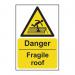 The photo features Spectrum Industrials danger signs with bold text, warning of a fragile roof. Made of 1.2mm recyclable PP material, these signs measure 200 x 300mm and are designed to alert and protect in hazardous environments.