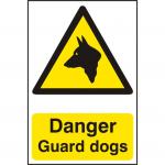 The image shows a collection of Spectrum Industrial Danger Signs featuring warning symbols and the words Danger Guard dogs. The signs are made of 1.2mm thick recyclable PP material and have dimensions of 200 x 300mm. Great for alerting people to potential hazards in industrial settings.