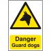 The image shows a collection of Spectrum Industrial Danger Signs featuring warning symbols and the words Danger Guard dogs. The signs are made of 1.2mm thick recyclable PP material and have dimensions of 200 x 300mm. Great for alerting people to potential hazards in industrial settings.